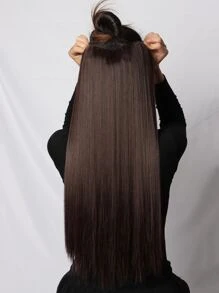 Postizos sintéticos largos y rectos de 24 pulgadas, extensión de cabello en forma de V, media peluca, extensiones de cabello con Clip para mujeres - Dark Brown - Ver 2