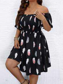 SHEIN LUNE 大碼羽毛印花一字肩荷葉邊連衣裙 - 黑色 - 查看 4