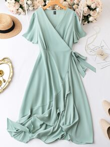 SHEIN LUNE Vestido cruzado de manga mariposa con nudo lateral ribete con fruncido - verde menta - Ver 1