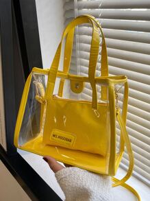 Bolsa cuadrada transparente con diseño de parche de letra con bolsa interior - Amarillo - Ver 1