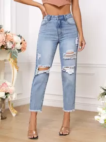 SHEIN Essnce Ripped Raw Hem Mom Fit Jeans - Light Wash - View 1
