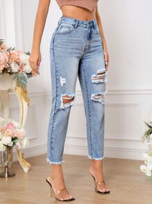 SHEIN Essnce Ripped Raw Hem Mom Fit Jeans - Light Wash - View 4