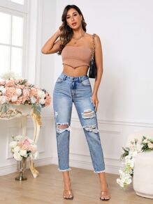 SHEIN Essnce Ripped Raw Hem Mom Fit Jeans - Light Wash - View 5