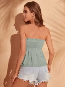 SHEIN VCAY Áo nữ viền lá sen Dải chun màu trơn Giải trí - Màu xanh Bạc hà - Xem 2