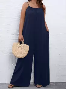 SHEIN LUNE Plus Solid Wide Leg Cami Jumpsuit - Navy Blue - View 1
