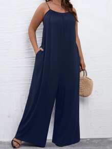 SHEIN LUNE Plus Solid Wide Leg Cami Jumpsuit - Navy Blue - View 4