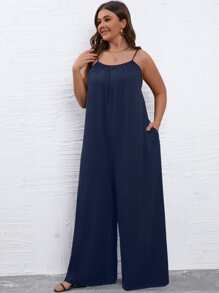 SHEIN LUNE Plus Solid Wide Leg Cami Jumpsuit - Navy Blue - View 5