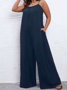 SHEIN LUNE Plus Solid Wide Leg Cami Jumpsuit - Navy Blue - View 6