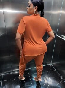 Slaydiva Bộ thời trang Plus Size Chia màu trơn Giải trí - trái cam - Xem 2