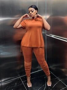 Slaydiva Bộ thời trang Plus Size Chia màu trơn Giải trí - trái cam - Xem 3