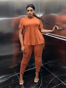 Slaydiva Bộ thời trang Plus Size Chia màu trơn Giải trí - trái cam - Xem 4