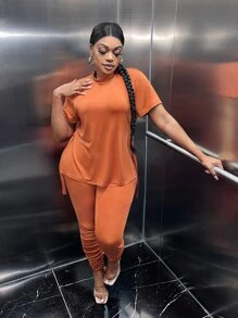 Slaydiva Bộ thời trang Plus Size Chia màu trơn Giải trí - trái cam - Xem 5