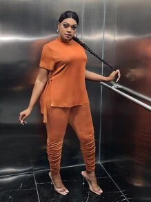 Slaydiva Bộ thời trang Plus Size Chia màu trơn Giải trí - trái cam - Xem 6