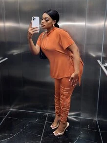 Slaydiva Bộ thời trang Plus Size Chia màu trơn Giải trí - trái cam - Xem 8