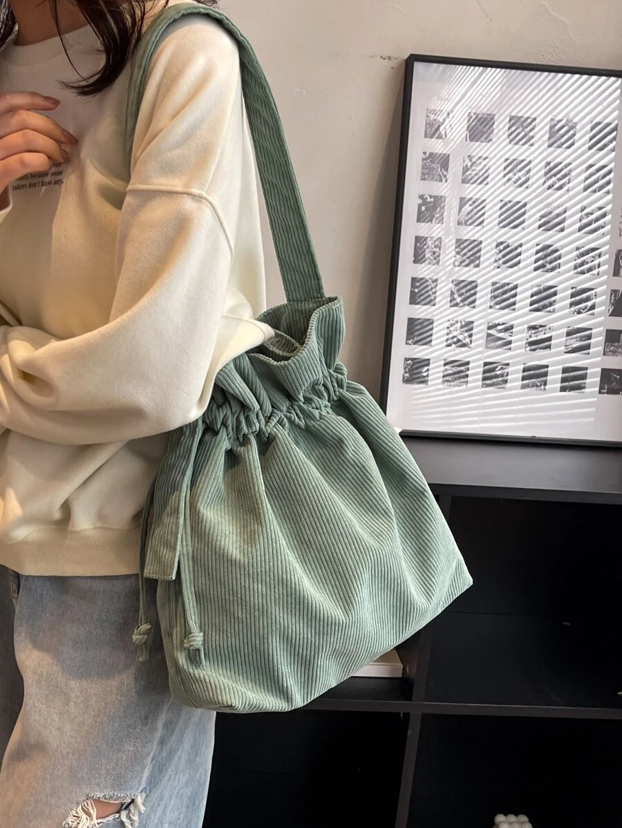 Drawstring Design Bucket Bag - Green - View 1