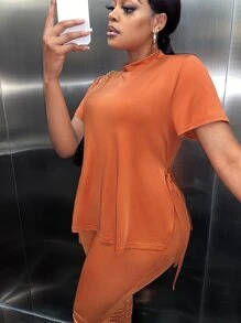 Slaydiva Bộ thời trang Plus Size Chia màu trơn Giải trí - trái cam - Xem 9