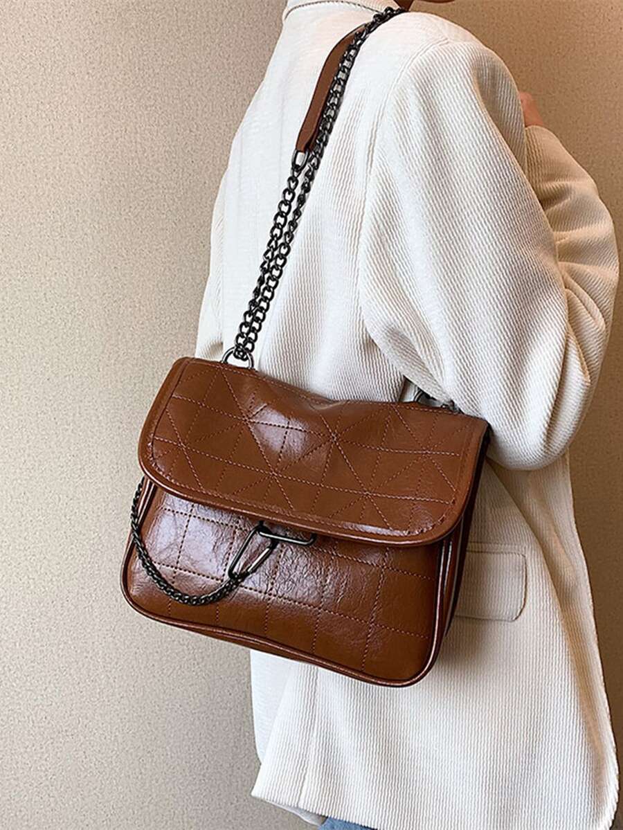 Bolsa cuadrada con diseño de puntada con solapa con cadena - Marrón - Ver 1