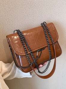 Bolsa cuadrada con diseño de puntada con solapa con cadena - Marrón - Ver 6