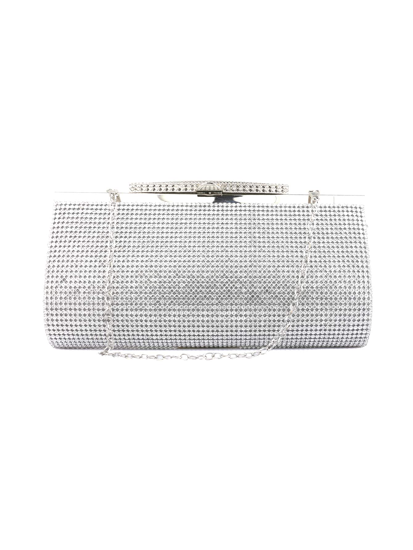 Elegante Monedero De Mano Con Malla De Metal Y Pedrería - Plateado - Ver 1