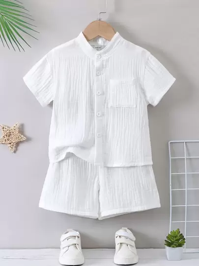 SHEIN Explorewe Young Boy White Plain Vacation Minimalist Casual Set With Stand Collar And Regular Sleeve For Summer,Holiday,Summer,Travel, School, Campus, College