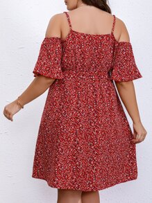 SHEIN Holidaya Plus Ditsy Floral Cold Shoulder Belted Dress - Burgundy - View 2