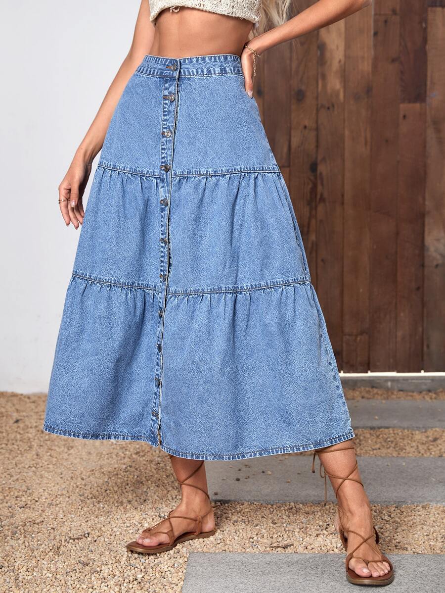 Button Front Ruffle Hem Denim Skirt - Medium Wash - View 1