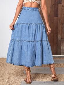 Button Front Ruffle Hem Denim Skirt - Medium Wash - View 2