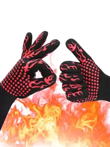 1入組火焰圖案烤箱手套廚房用滌綸廚房烤箱手套 - 紅色 - 查看 1
