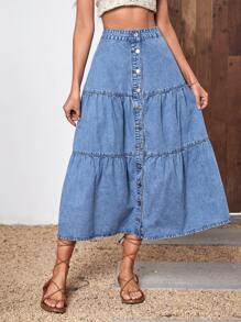 Button Front Ruffle Hem Denim Skirt - Medium Wash - View 4