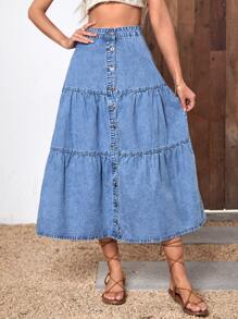 Button Front Ruffle Hem Denim Skirt - Medium Wash - View 5