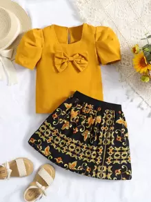 SHEIN 小女童前蝴蝶結泡泡袖襯衫和印花半身裙