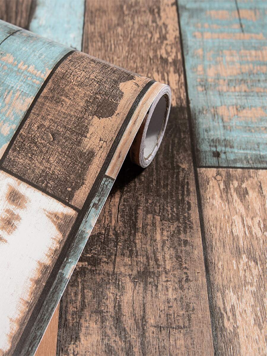 1pc PVC Wall Paper, Wood Grain Pattern Waterproof Wall Tile Sticker For Home - Multicolor - View 1