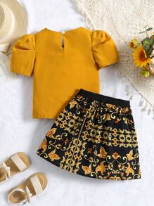 SHEIN 小女童前蝴蝶結泡泡袖襯衫和印花半身裙