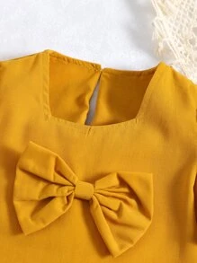 SHEIN 小女童前蝴蝶結泡泡袖襯衫和印花半身裙