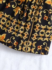 SHEIN 小女童前蝴蝶結泡泡袖襯衫和印花半身裙