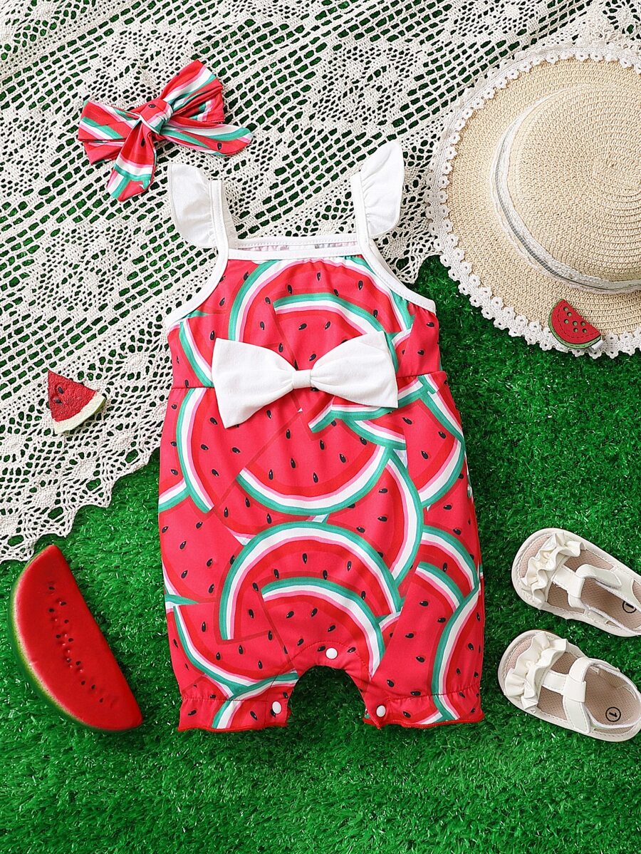 Baby Watermelon Print Bow Front Ruffle Trim Romper