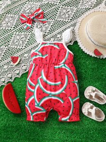 Baby Watermelon Print Bow Front Ruffle Trim Romper