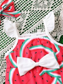 Baby Watermelon Print Bow Front Ruffle Trim Romper