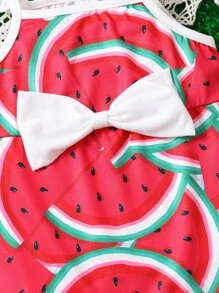 Baby Watermelon Print Bow Front Ruffle Trim Romper