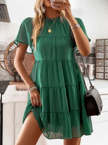 SHEIN Holidaya 小高領蝴蝶袖荷葉邊娃娃裙 - 綠色 - 查看 1