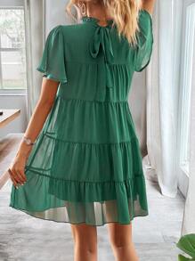 SHEIN Holidaya 小高領蝴蝶袖荷葉邊娃娃裙 - 綠色 - 查看 2