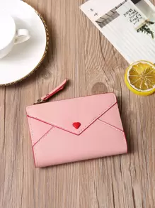 心形装饰信用卡小号 ID 窗口拉链女士钱包 PU 皮革简约时尚现代商务周年纪念情人节生日礼物女士女孩女士礼品袋礼物教师礼物心形热粉色学校用品教师礼物返校女士钱包钱包小钱包