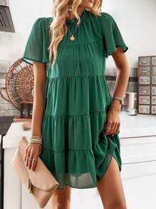 SHEIN Holidaya 小高領蝴蝶袖荷葉邊娃娃裙 - 綠色 - 查看 3