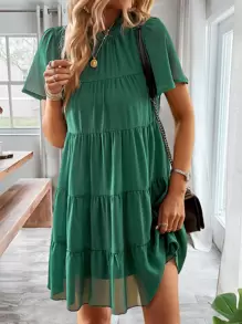 SHEIN Holidaya 小高領蝴蝶袖荷葉邊娃娃裙 - 綠色 - 查看 5