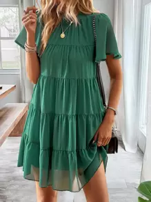 SHEIN Holidaya 小高領蝴蝶袖荷葉邊娃娃裙 - 綠色 - 查看 7