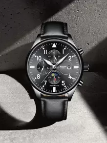 BOYZHE 1入組男士三錶盤機械手表 - 黑色 - 查看 1