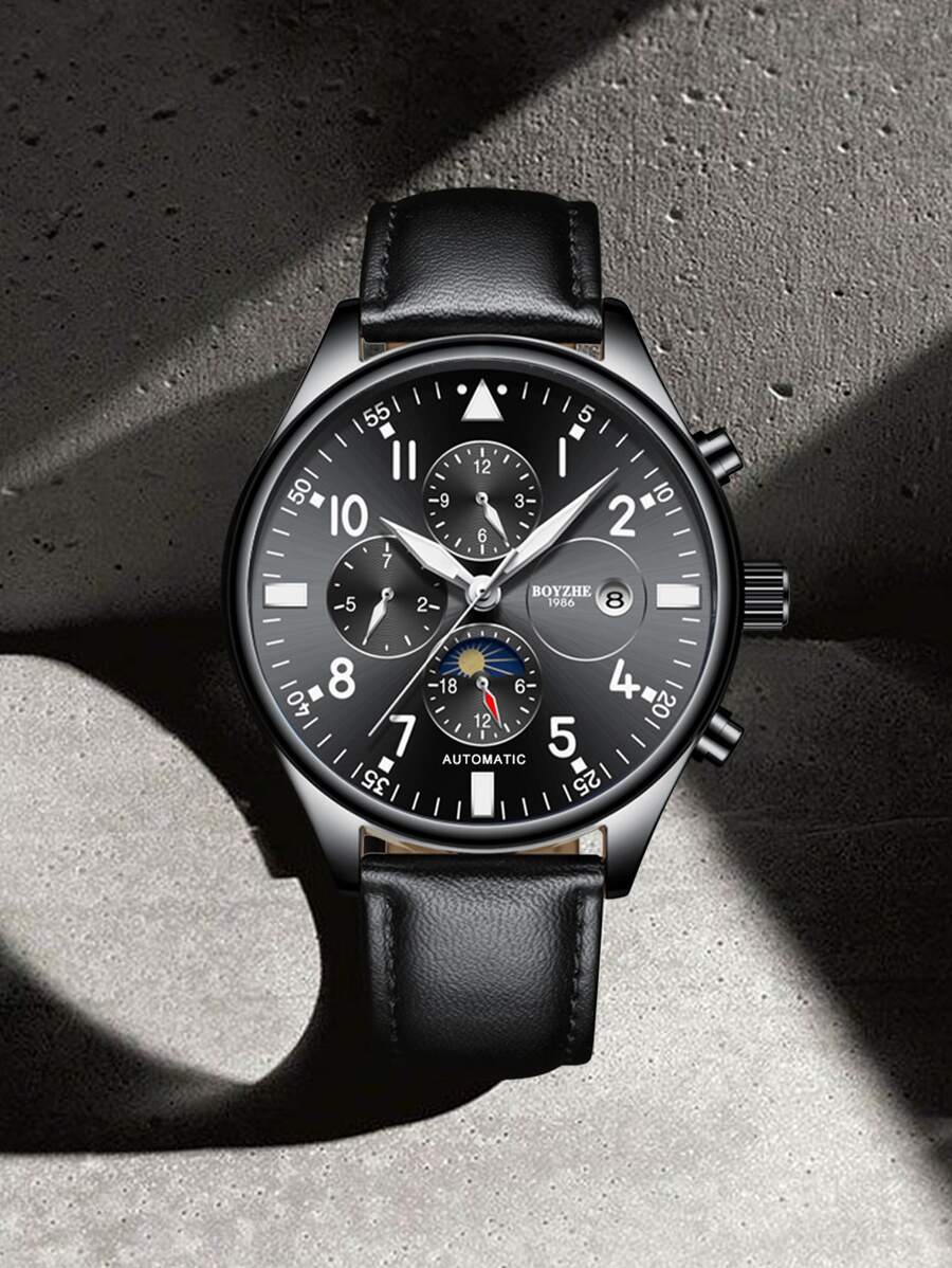 BOYZHE 1入組男士三錶盤機械手表 - 黑色 - 查看 1