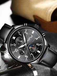 BOYZHE 1入組男士三錶盤機械手表 - 黑色 - 查看 2