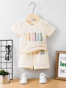 嬰兒字母刺繡T恤和短褲 - 杏色 - 查看 1