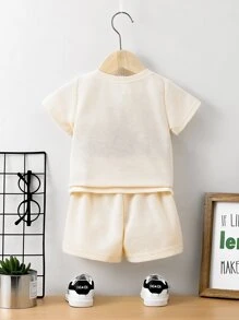 嬰兒字母刺繡T恤和短褲 - 杏色 - 查看 2